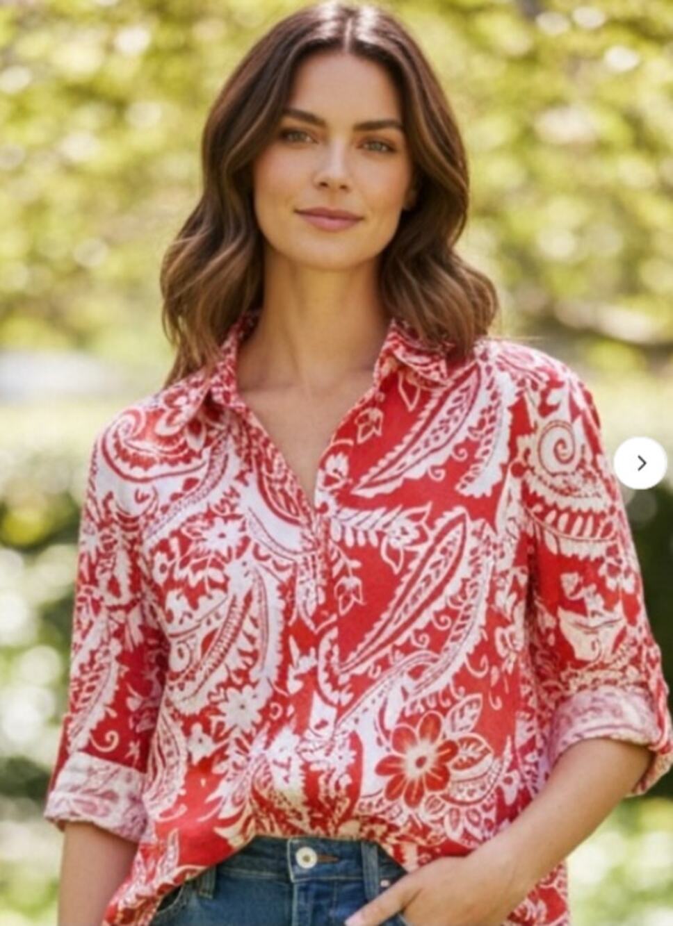 Chicos Roll Tab Sleeve Womens Button Shirt Floral Red White Size 3 / 16 / XL